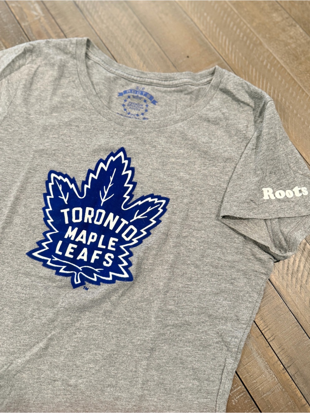 Roots Kids Grey Tee with Blue Toronto Maple Leafs Leaf Logo